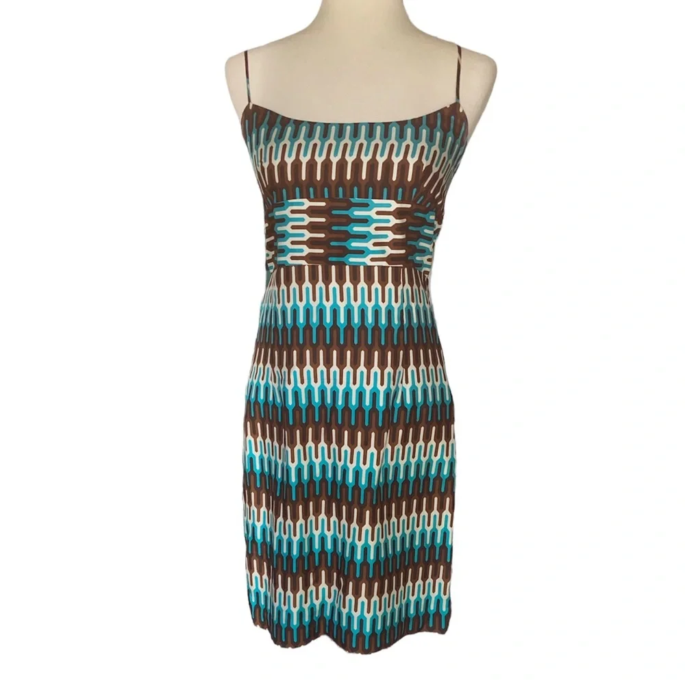 Milly of NY Silk Teal Green Brown Geometric Sheath Slip Column Dress - 6